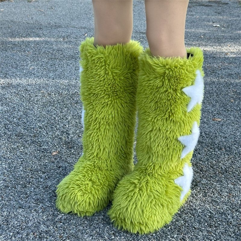 2024 Winter Women Five Star Faux Fur Long Boots Warm Plush Platform Knee-high Boot Outdoor Furry Cute Over-the-knee Pink Boots
