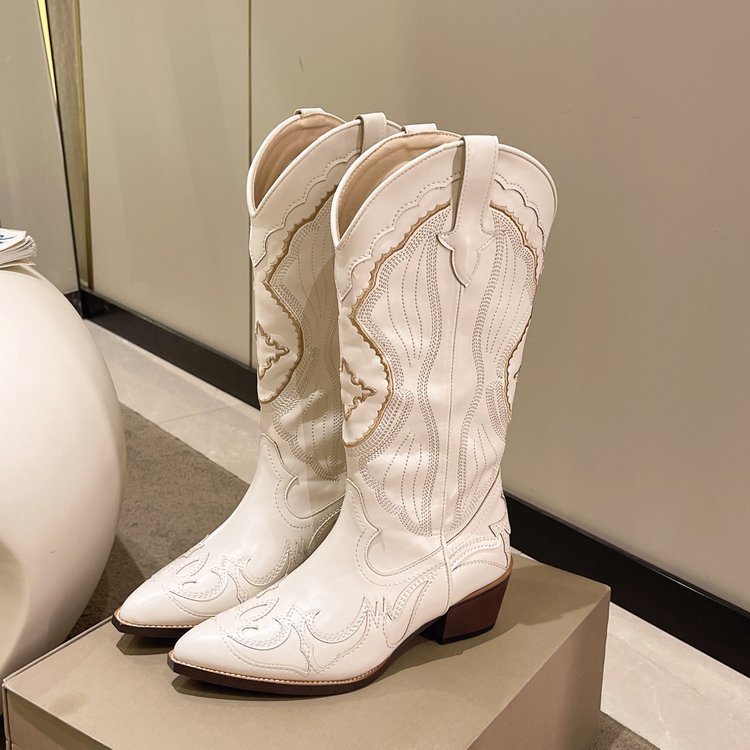Bottes En Cuir Femme 2024 American Fashion Safety Leather Knee Wedge Heel Shoes Women Boots