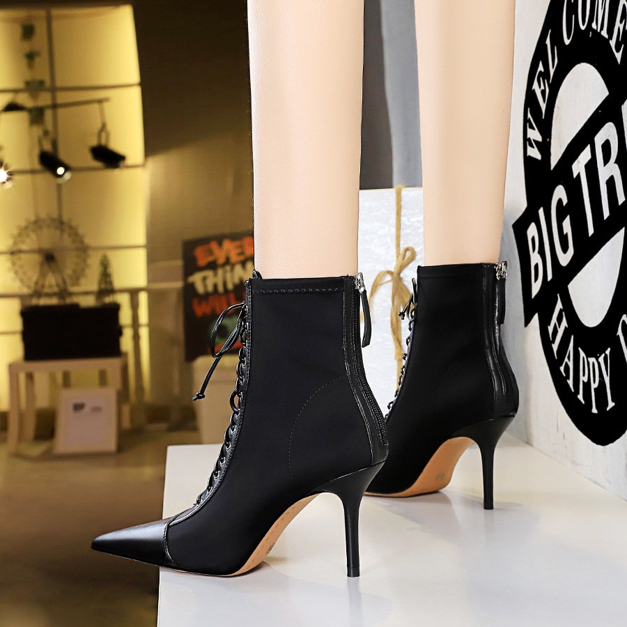 Women's Pointed Toe Ankle Boots with Cross-Tied Lace Custom Designer Bandage High Heels PU Insole Fashion Sexy for Winter