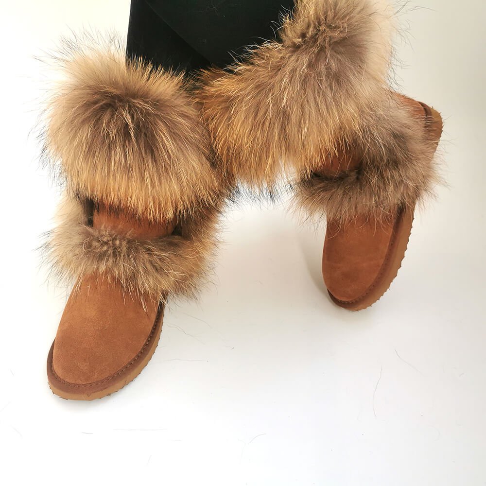 Black Chestnut Pretty Knee High Real Raccoon Fur Top Boots Fuzzy Mid Calf Fur Lined Boots For Women