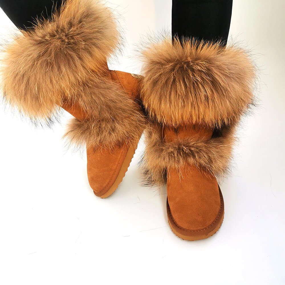 Black Chestnut Pretty Knee High Real Raccoon Fur Top Boots Fuzzy Mid Calf Fur Lined Boots For Women