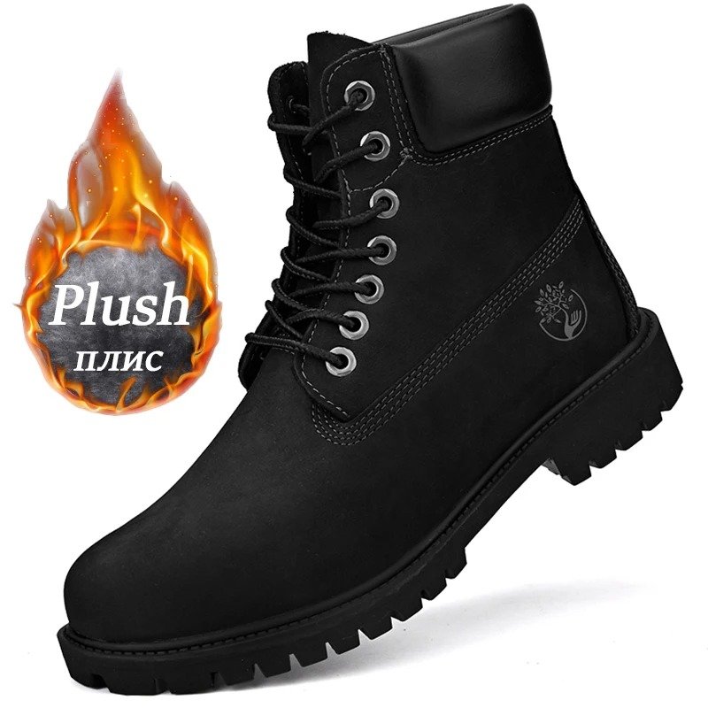 Men High Top Boots Leather Shoes Winter Fashion Plush Warm Shoes Outdoor Sneakers Lace Up Non-Slip Ankle Boot Male
