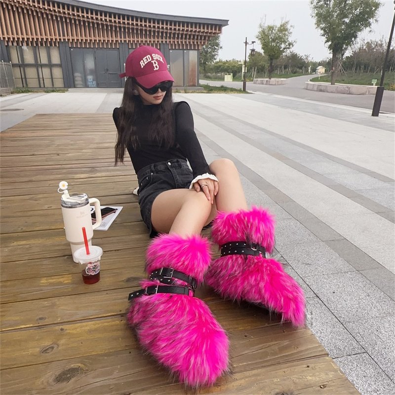 New Style Street Hot Girl Thick-soled Snow Boots Y2K Punk Imitation Rivet Fur Boots Slim Dark Lace-up Boots