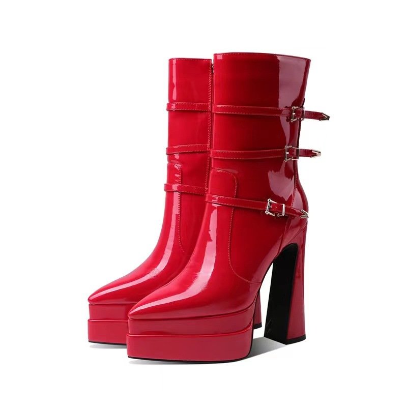 Designer Fashion Wedge Heel Boots Square Toe Waterproof Shoes