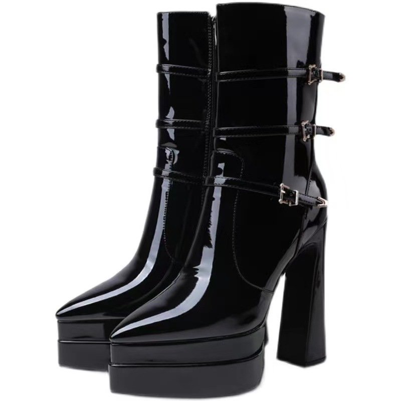 Designer Fashion Wedge Heel Boots Square Toe Waterproof Shoes
