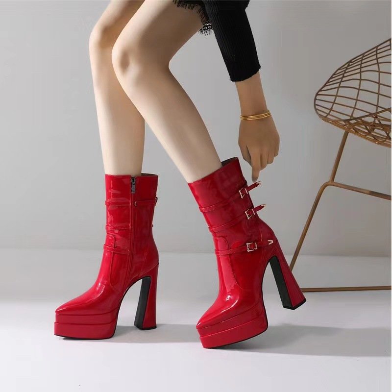 Designer Fashion Wedge Heel Boots Square Toe Waterproof Shoes