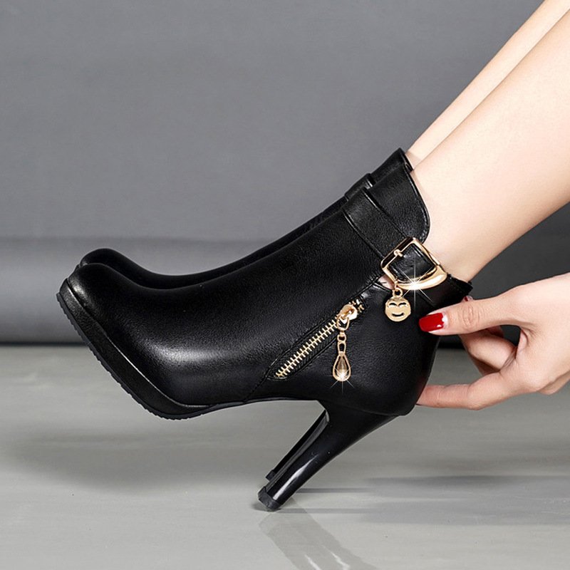 Hot Selling Women's Classic Lace Platform Boots Black Zip-Up Casual Winter Shoes with High Thin Heel for Autumn