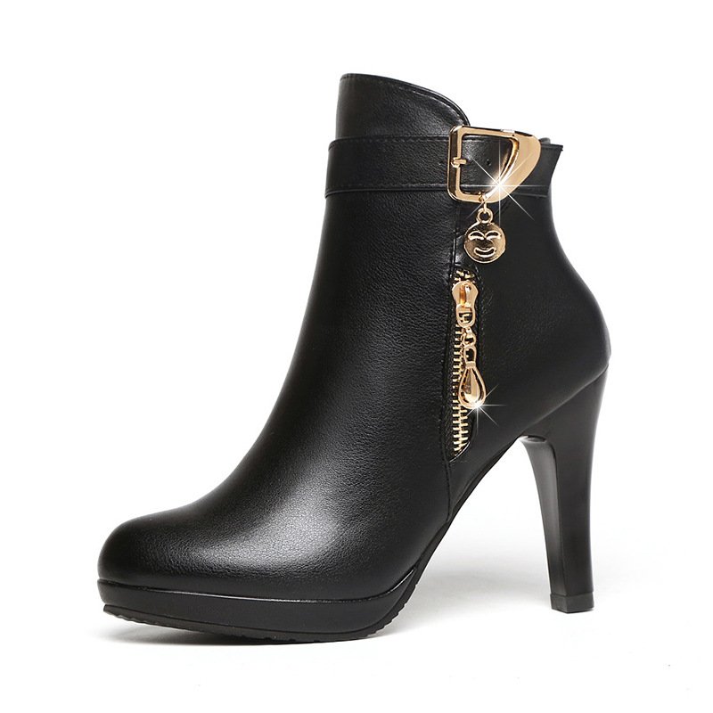 Hot Selling Women's Classic Lace Platform Boots Black Zip-Up Casual Winter Shoes with High Thin Heel for Autumn