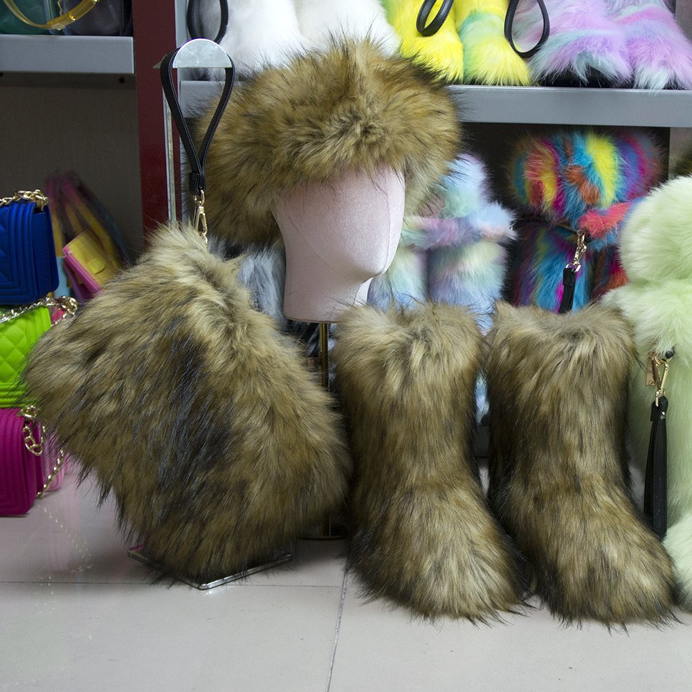 2021I warehouse women's boot high quality winter fluffy fur adult boots sets woman handbag and fur headbands as set