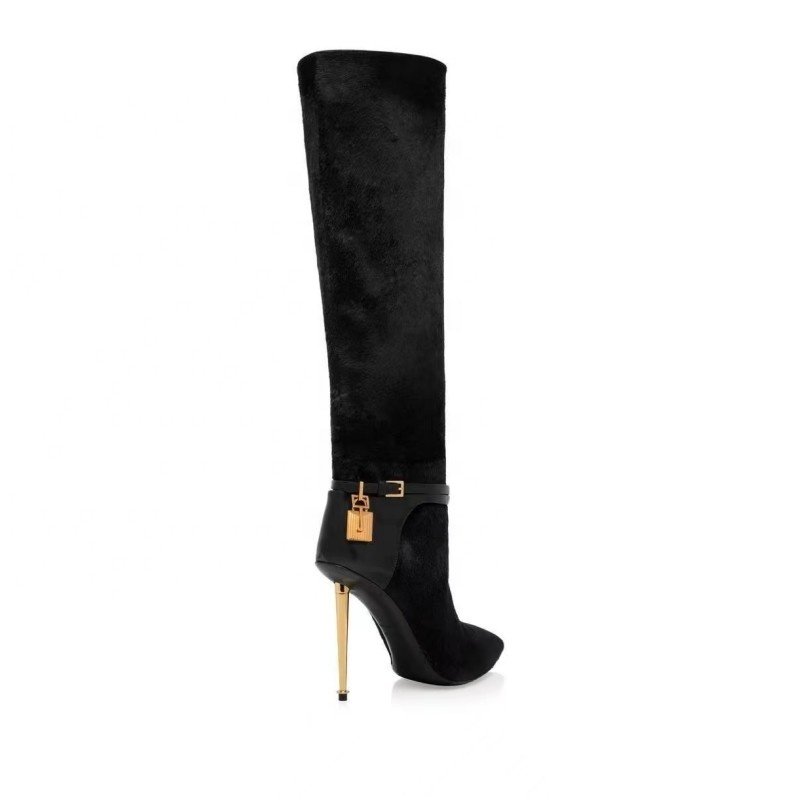 2023 Winter Pointed Toe Thin Heels Thigh-High Boots Solid Colors Stiletto Strap Buckle Decoration Women Knee Boots
