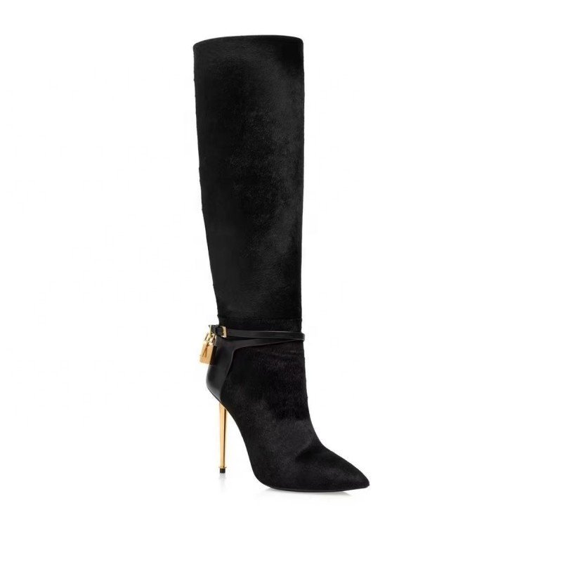 2023 Winter Pointed Toe Thin Heels Thigh-High Boots Solid Colors Stiletto Strap Buckle Decoration Women Knee Boots