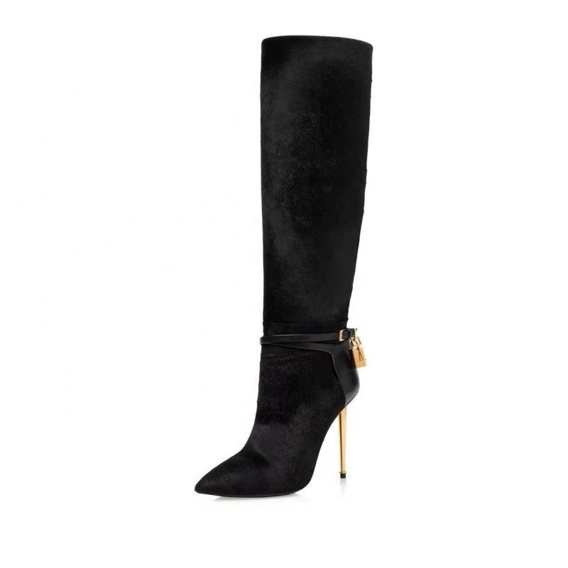 2023 Winter Pointed Toe Thin Heels Thigh-High Boots Solid Colors Stiletto Strap Buckle Decoration Women Knee Boots