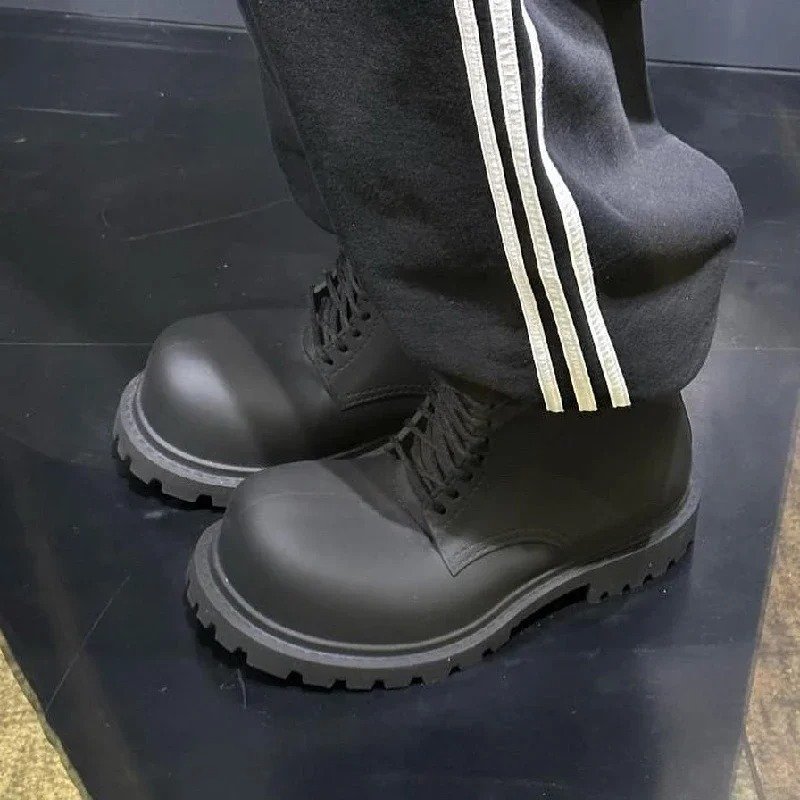 Fall New Lace-up Thick Bottom High-top Boots Round Head Black Knight Boots Fashion Black Runway Big Toe Boots
