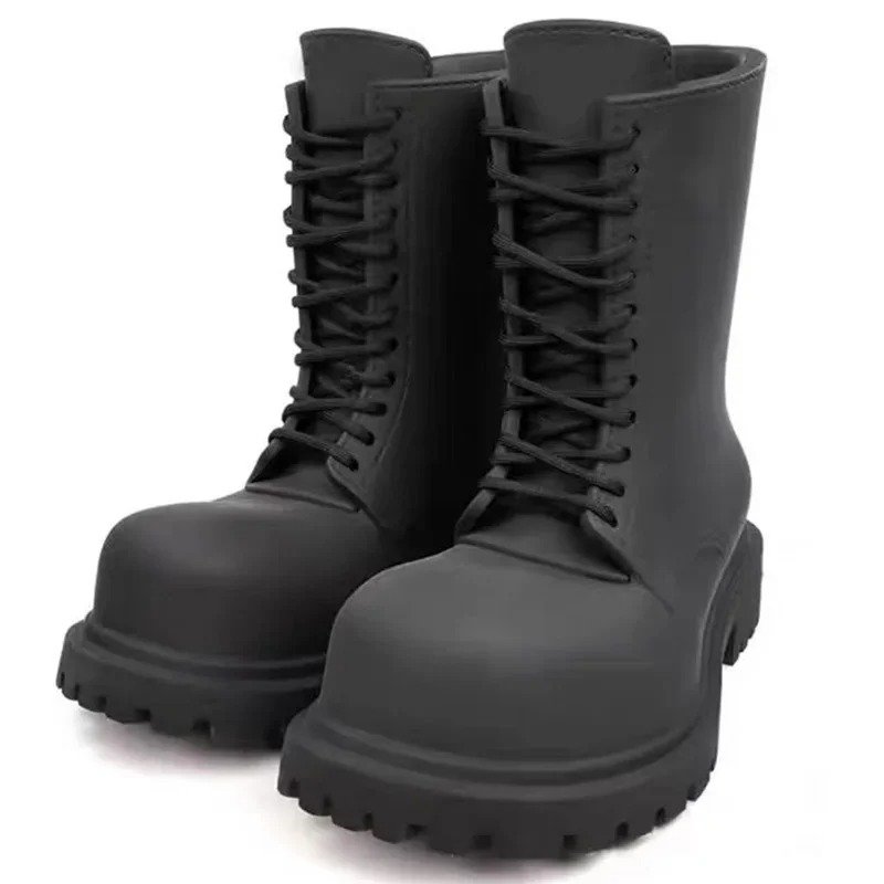 Fall New Lace-up Thick Bottom High-top Boots Round Head Black Knight Boots Fashion Black Runway Big Toe Boots