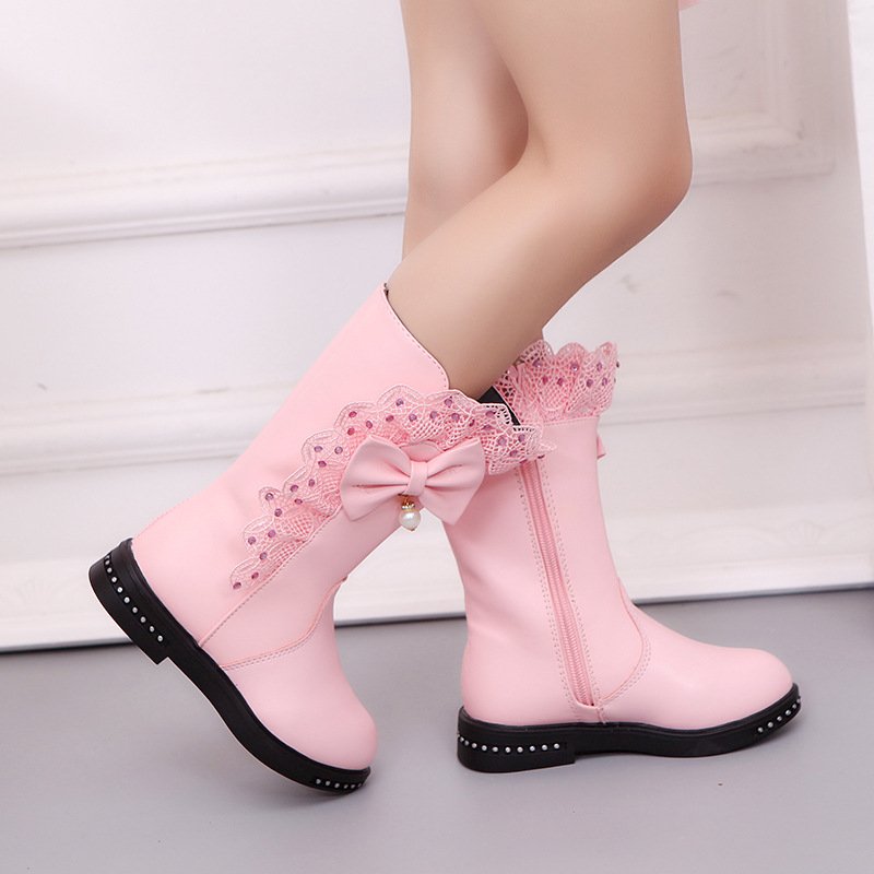 New fahion Girls high boots shoes Children autumn winter pu leather flower lace shoes girl bow knight boots