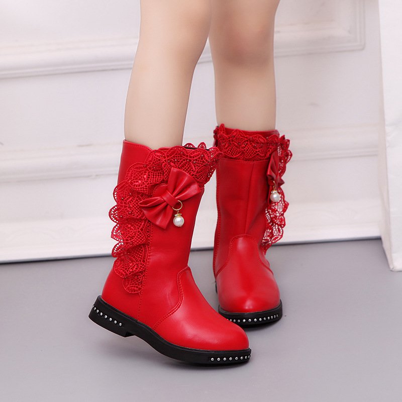 New fahion Girls high boots shoes Children autumn winter pu leather flower lace shoes girl bow knight boots