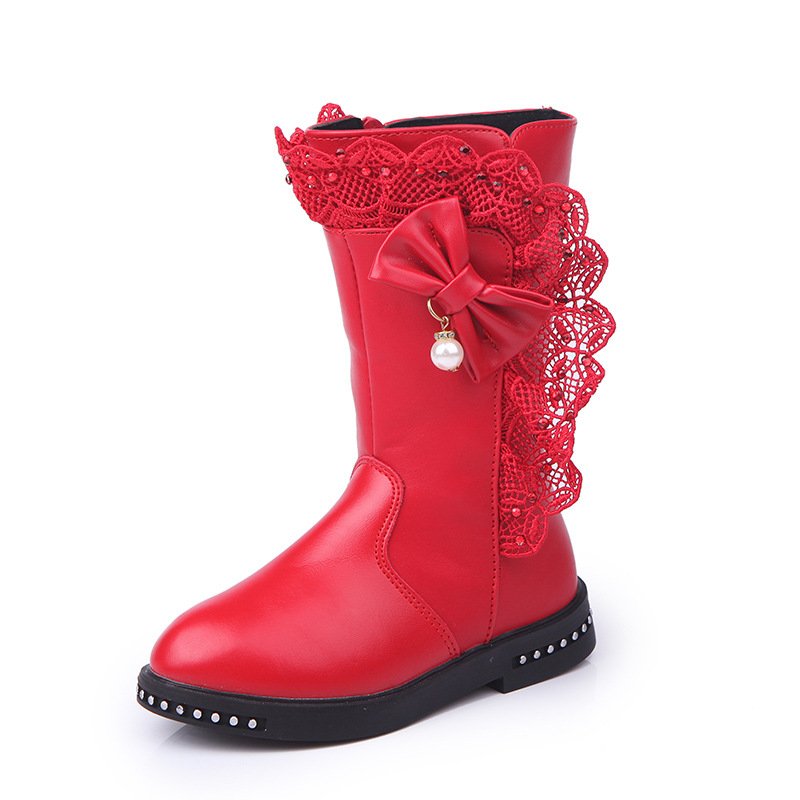 New fahion Girls high boots shoes Children autumn winter pu leather flower lace shoes girl bow knight boots