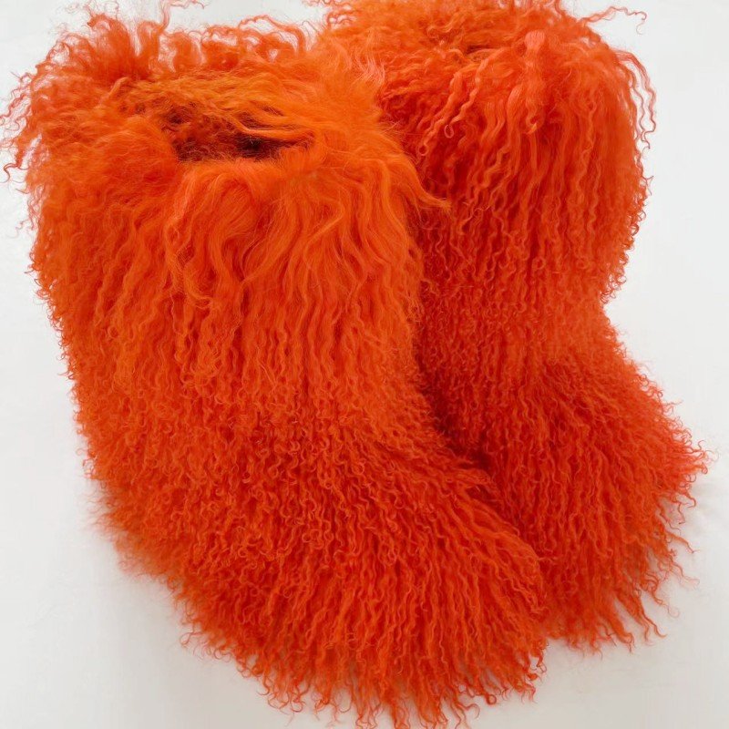 Wholesale Luxury Fur Boots Women Round Toe Orange Mongolian Fur Boots Shoes Snow Fur Boots