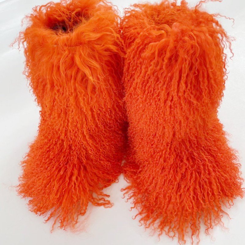 Wholesale Luxury Fur Boots Women Round Toe Orange Mongolian Fur Boots Shoes Snow Fur Boots