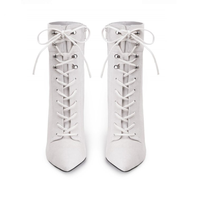 Genuine leather upper lace up and zipper pointed toe beautiful 7 cm thin high heel rubber women fashion cheap white Gothic boots