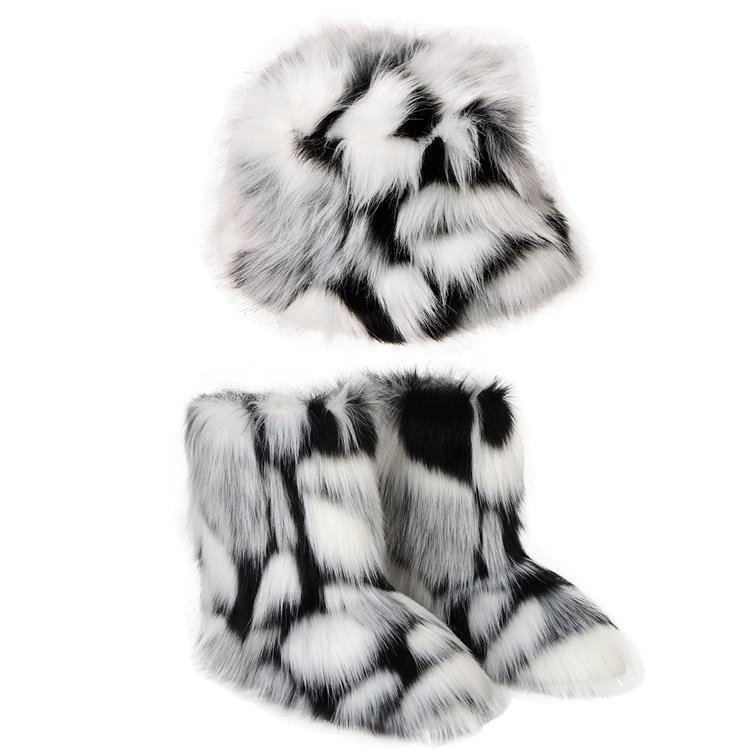 2023 Winter Faux Fur Thickened Fisherman Hat Boots Set Women Plush Furry Colorful Warm Snow Boots