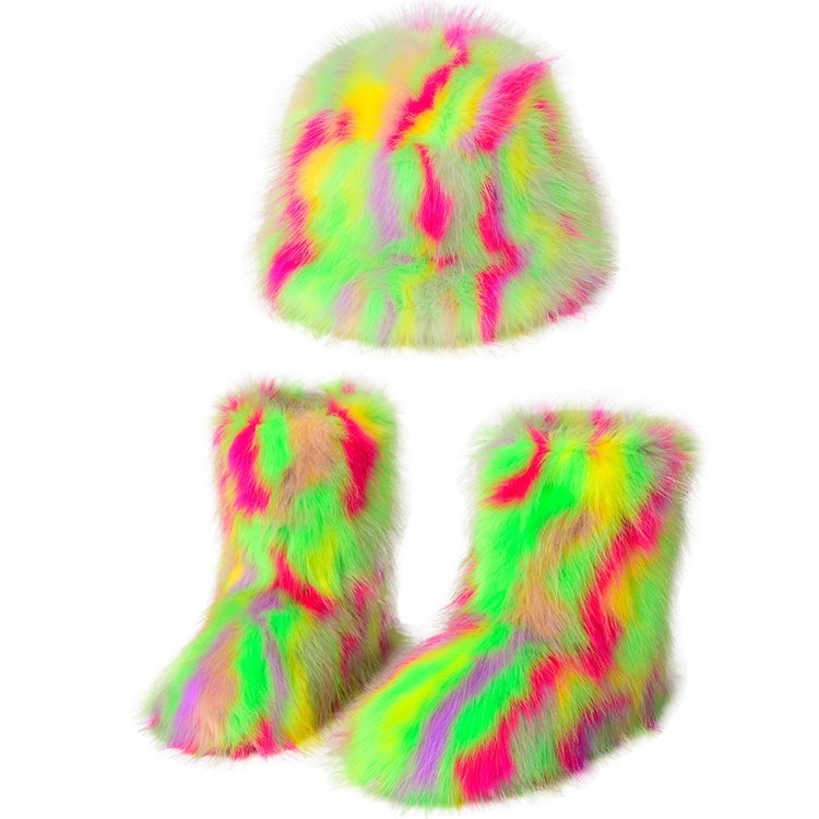 2023 Winter Faux Fur Thickened Fisherman Hat Boots Set Women Plush Furry Colorful Warm Snow Boots