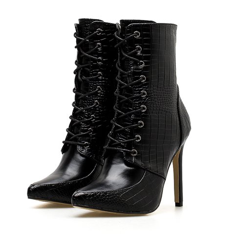OEM Customize High Quality Black Genuine Leather High Heel Laceup Ankle Boots For Women