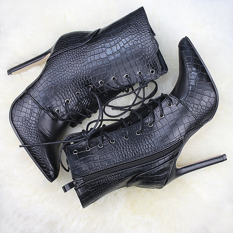 OEM Customize High Quality Black Genuine Leather High Heel Laceup Ankle Boots For Women