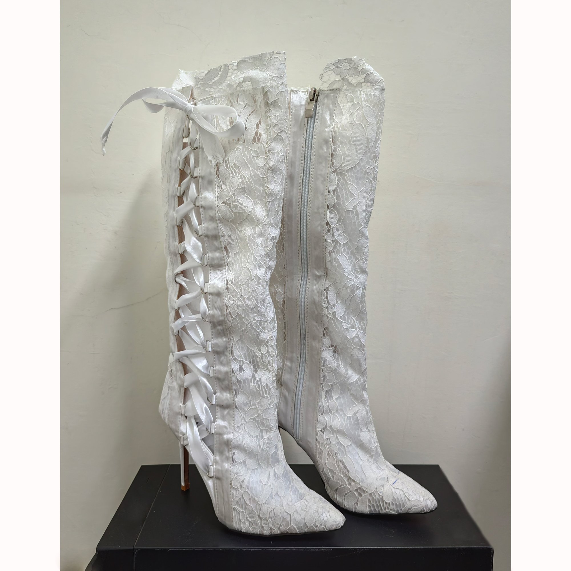Big Size 44 Summer Floral Lace Upper Women Over Knee Boots Mesh Sexy Long Booties Mature Lady Over Knee Boots
