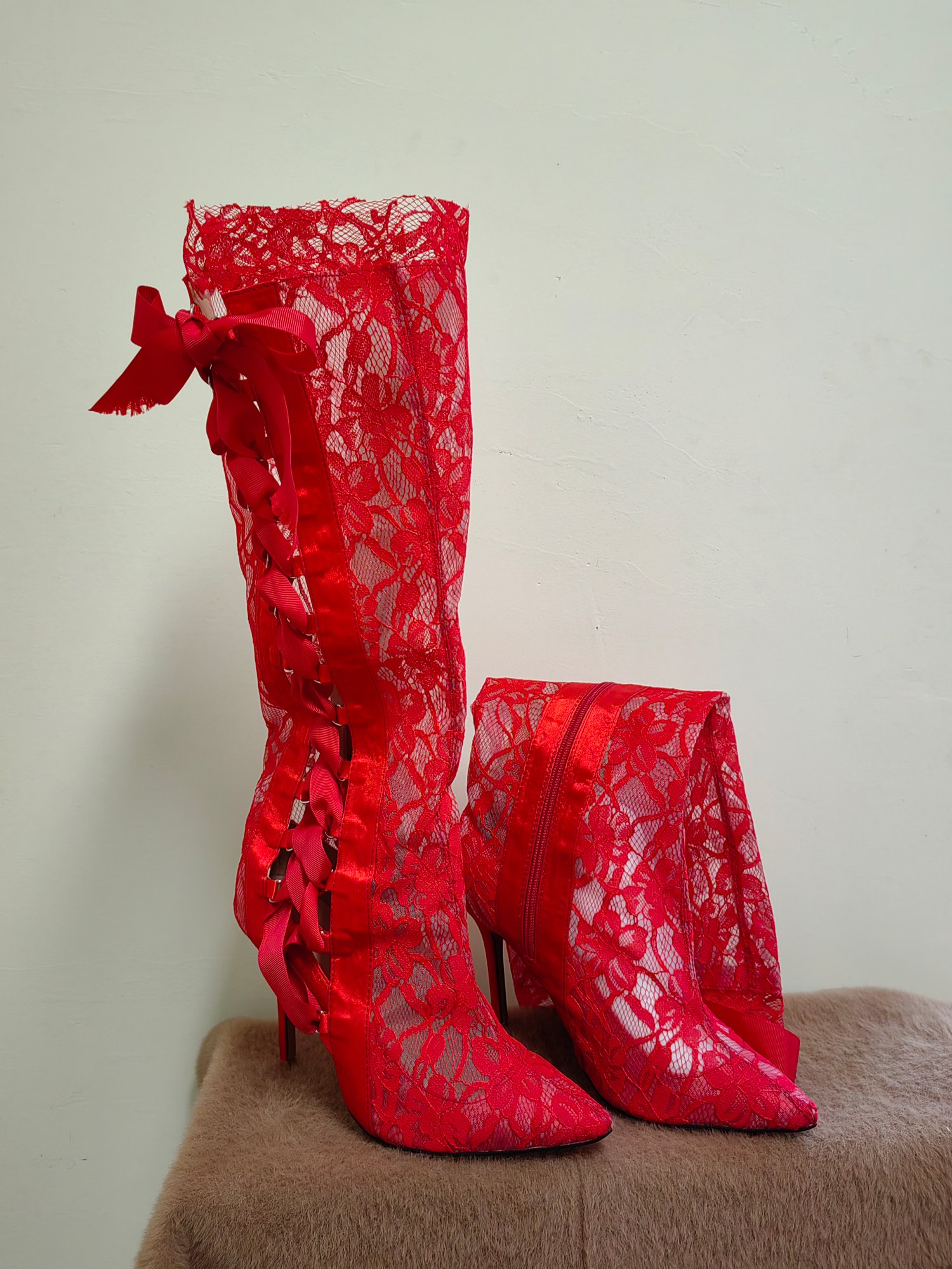 Big Size 44 Summer Floral Lace Upper Women Over Knee Boots Mesh Sexy Long Booties Mature Lady Over Knee Boots