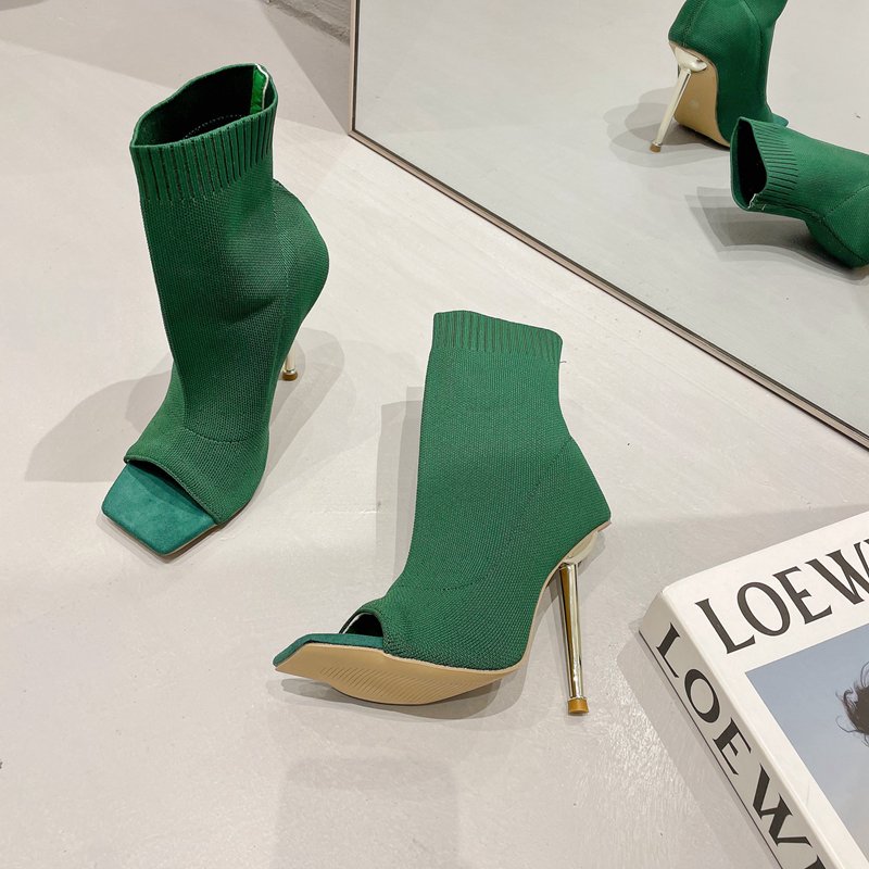 111-6 western style women open-toe high heel shoes knitted ankle boots