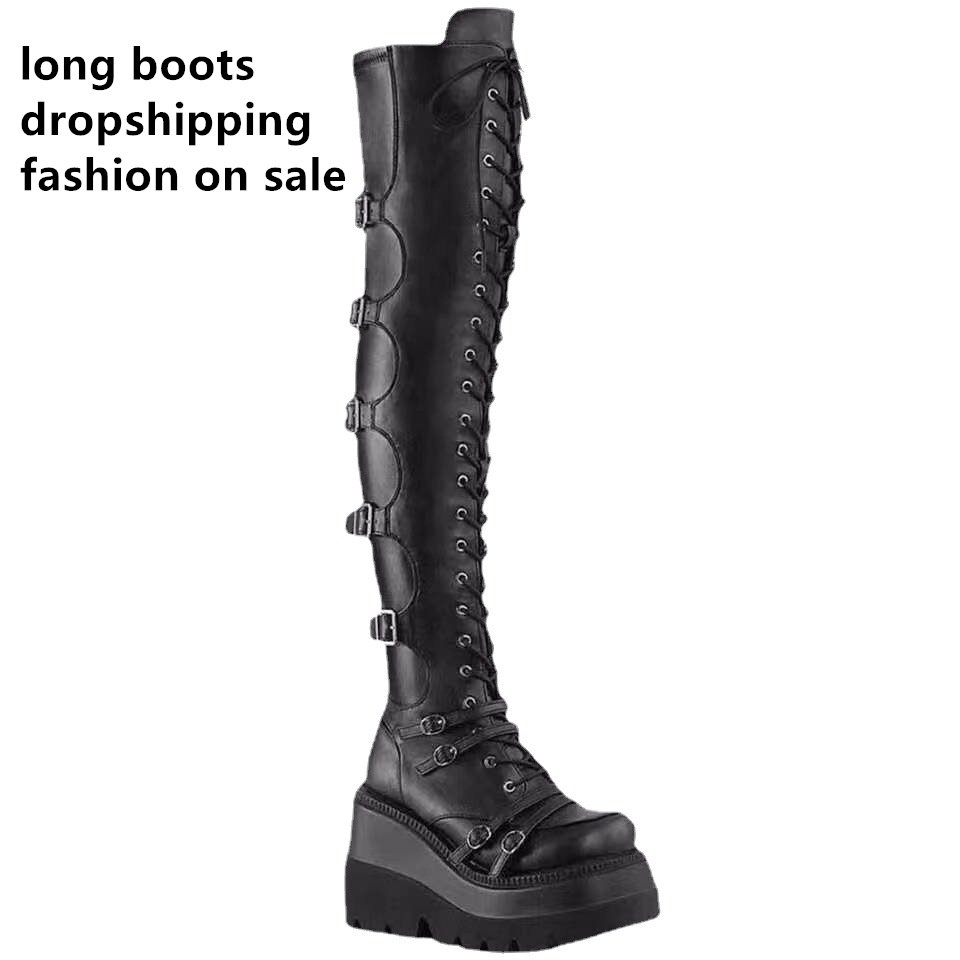 Dropshipping Chunky new thick soles High Quality Genuine Leather Model Women Motorcycle shoes Platform Lace Up boots