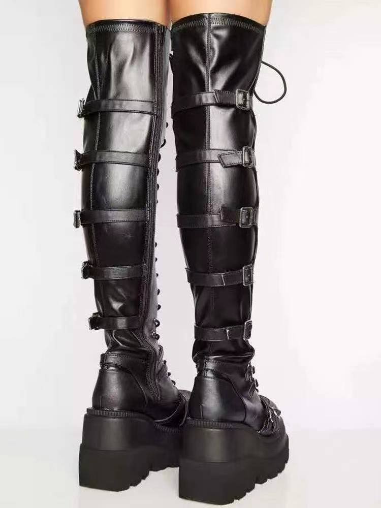 Dropshipping Chunky new thick soles High Quality Genuine Leather Model Women Motorcycle shoes Platform Lace Up boots