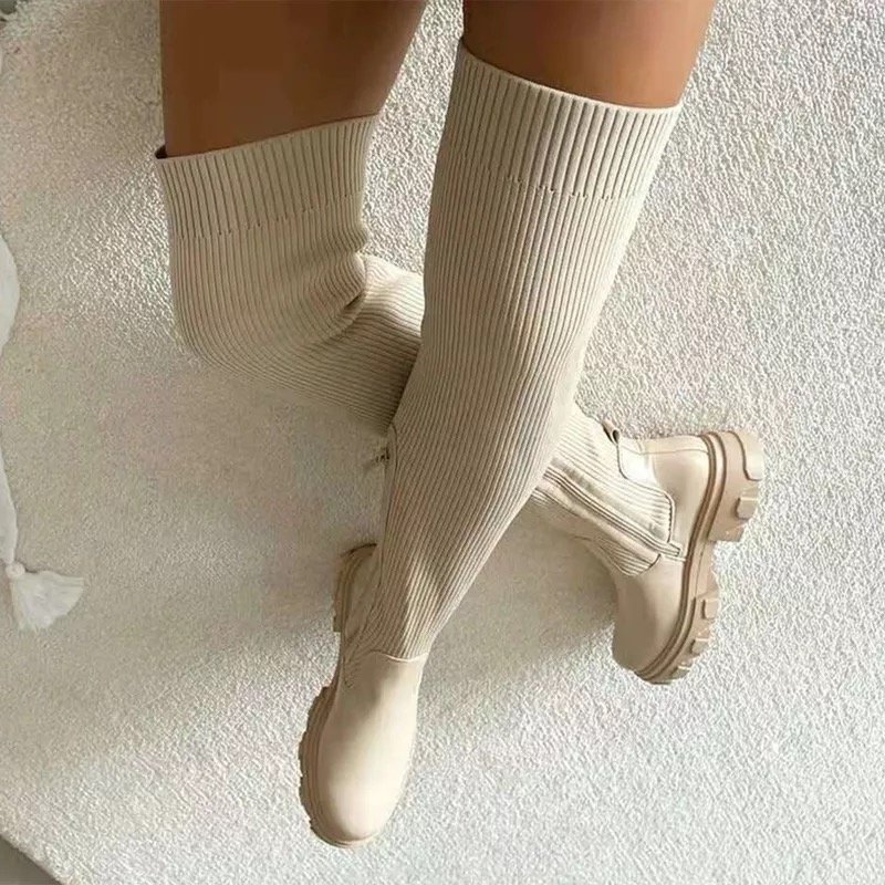 Stretchy Fabric Botin Con Tacon Long Style Platform Over the Knee Knit Thigh High Boots