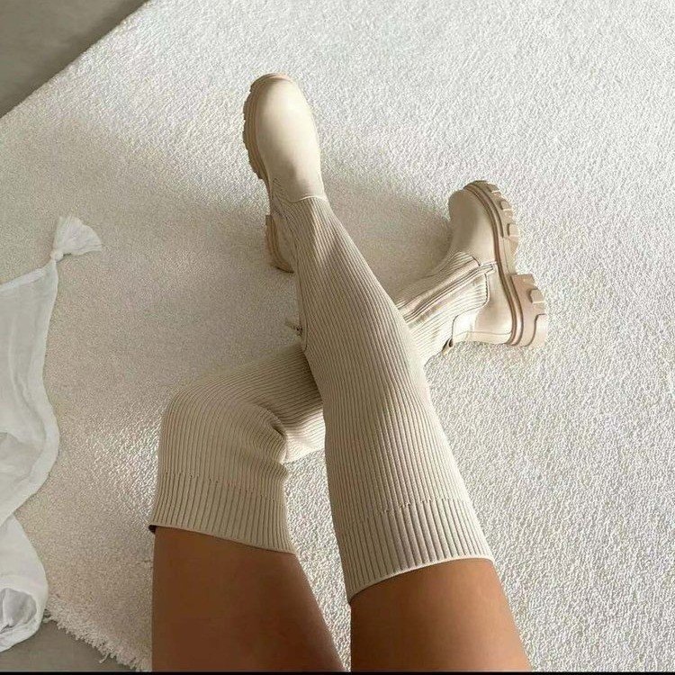 Stretchy Fabric Botin Con Tacon Long Style Platform Over the Knee Knit Thigh High Boots