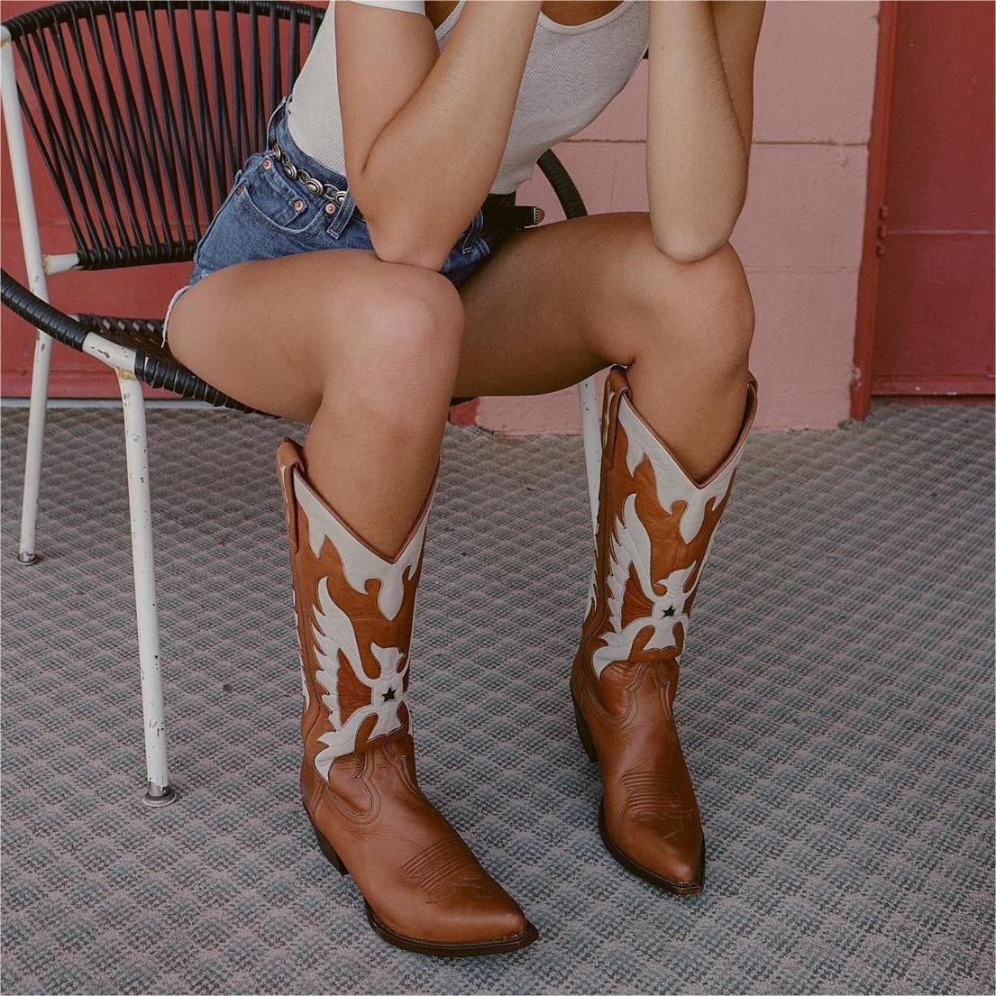 SHIKOL Knee High Boots For Women Fashion Firebird Embroidery 5cm Heels Women Western Cowboy Boots cowgirl boots women