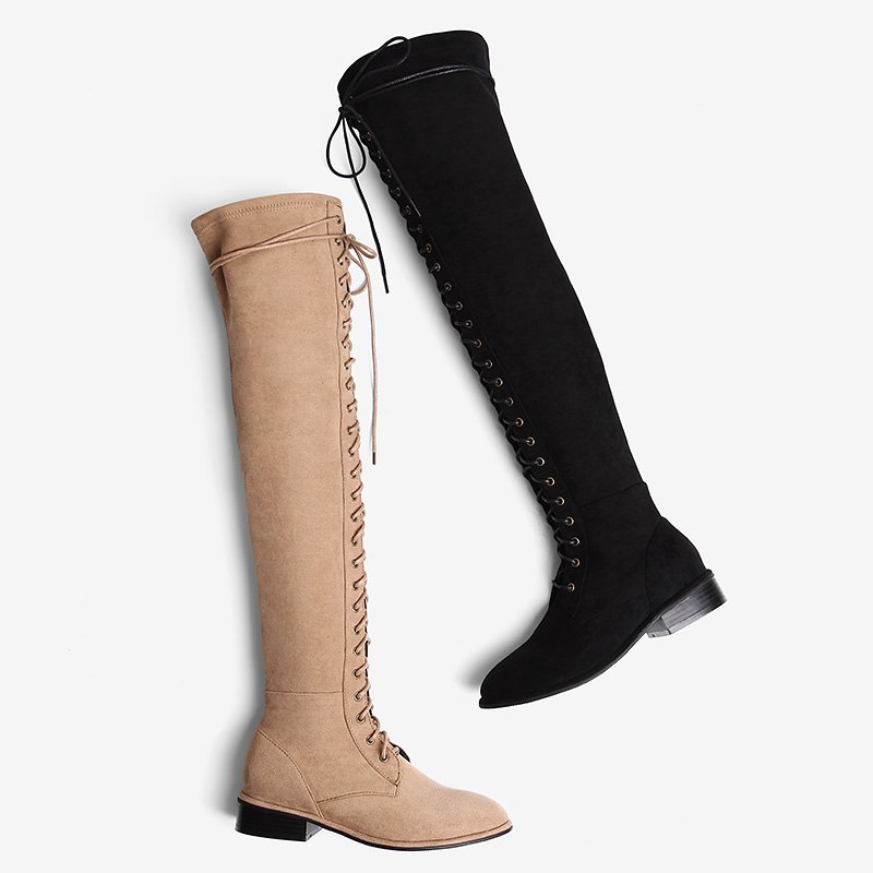 ODM Top Quality US Rubber Heel Lace up knee black Winter Lady boots High Heels shoes