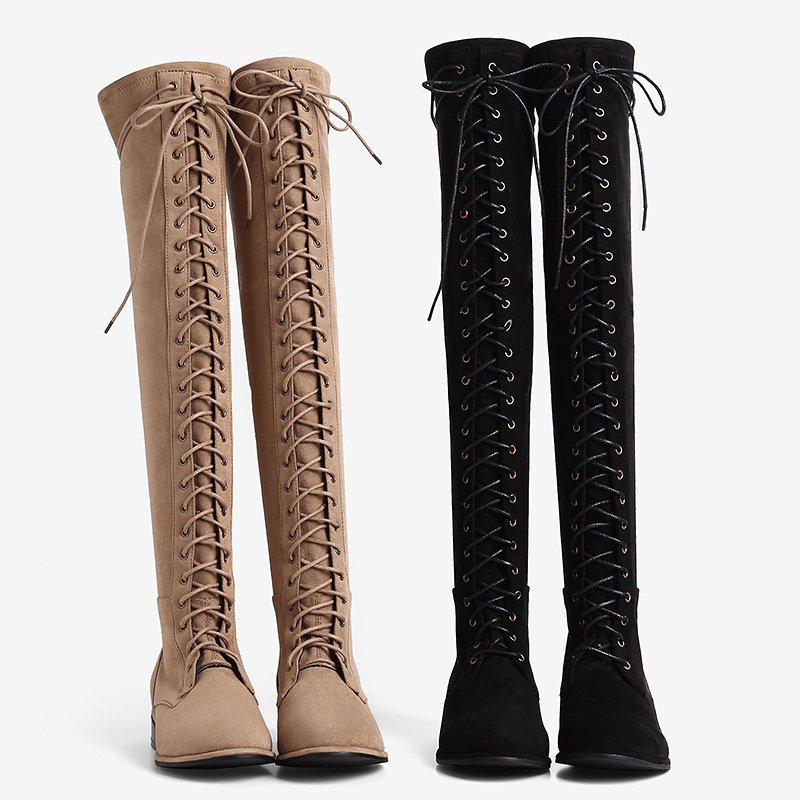 ODM Top Quality US Rubber Heel Lace up knee black Winter Lady boots High Heels shoes