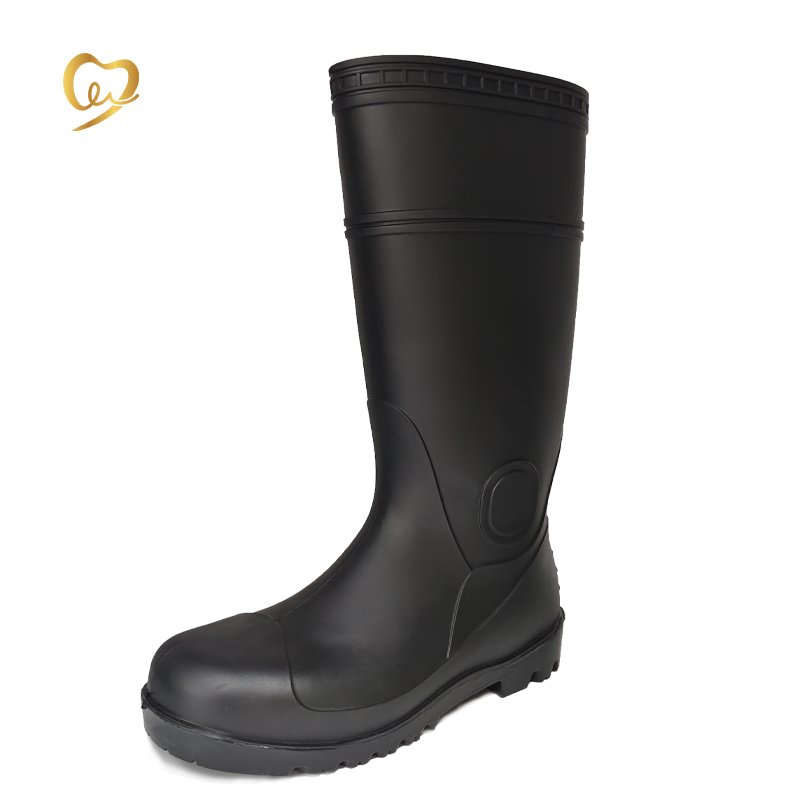 All black, pvc safety rain boots with steel toe steel sole for a variety of working environments