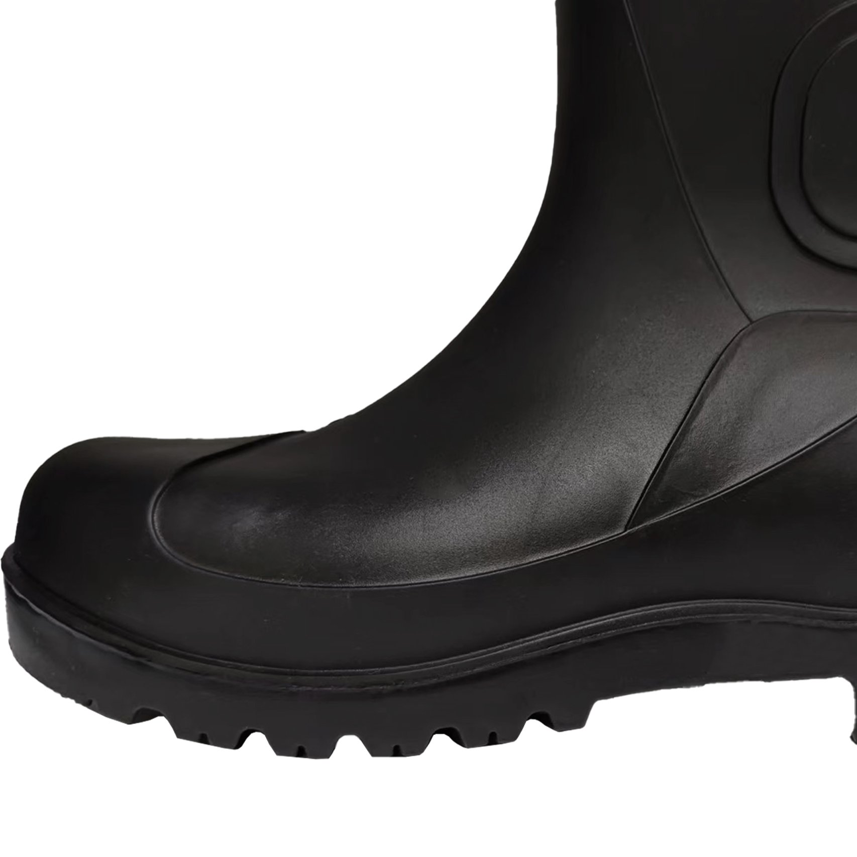 All black, pvc safety rain boots with steel toe steel sole for a variety of working environments