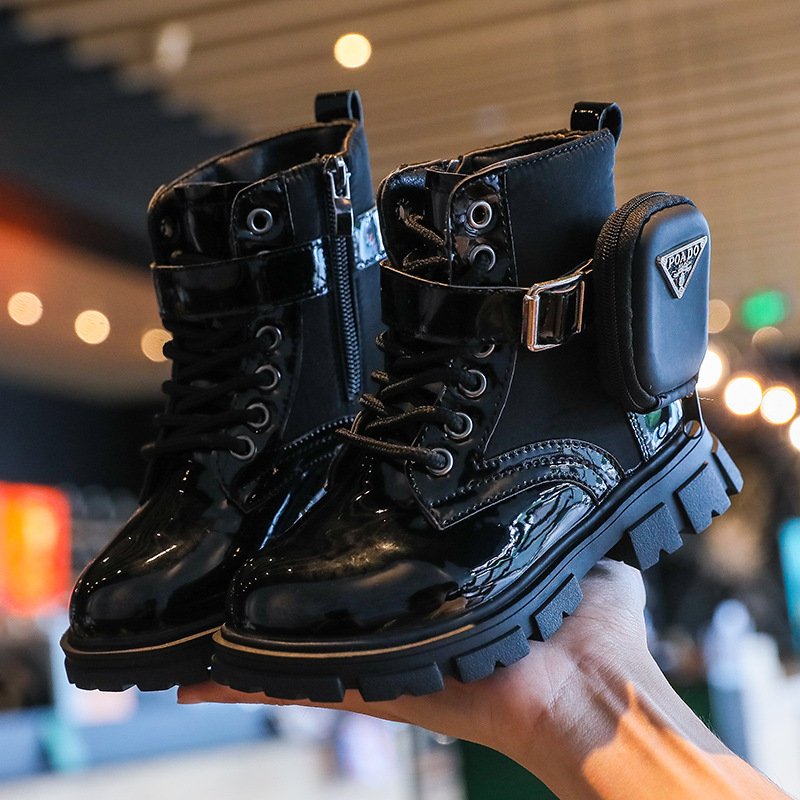 New Fashion Cool Lacquer Leather Boots Non Slip Outdoor Winter Children Shoes Soft Bottom Comfortable Anti-slip Kids Small Bag