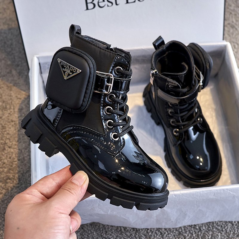 New Fashion Cool Lacquer Leather Boots Non Slip Outdoor Winter Children Shoes Soft Bottom Comfortable Anti-slip Kids Small Bag