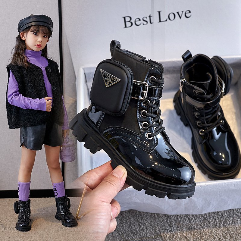 New Fashion Cool Lacquer Leather Boots Non Slip Outdoor Winter Children Shoes Soft Bottom Comfortable Anti-slip Kids Small Bag