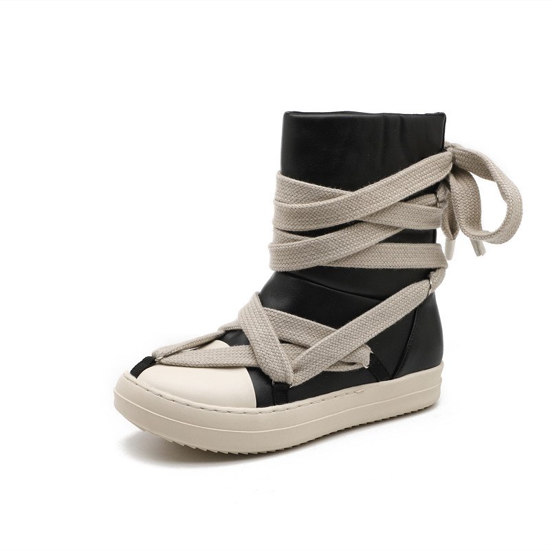 QY4125 2024 thick soled high top casual shoes trend large leather short boots personality laces five star black short boots