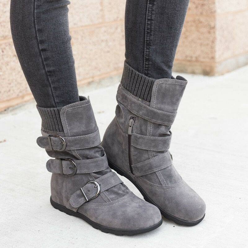 CFP S024 Zipper Buckles Strap Ankle Mid Flat Boot Women's Winter Snow Boots