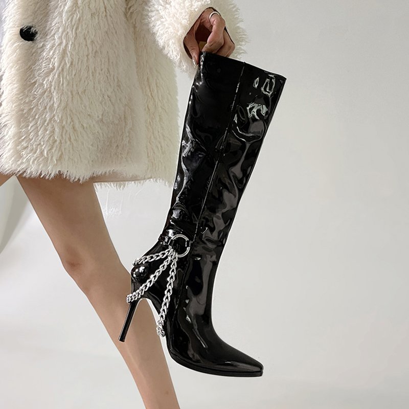 Heel Shoes Buckle Strap Ladies Knee-high Boots Pointed Toe Dress Stilettos 2023 New High Heels Boots For Women Botas Femininas