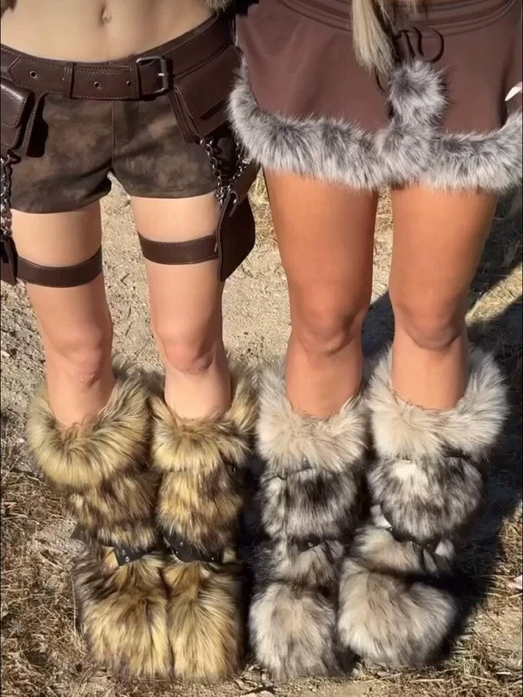 Faux Fur Boots Rivet Cross Belt Buckle Knee High Boots Winter Plush Warm Women's Casual Shoes Snow Boots