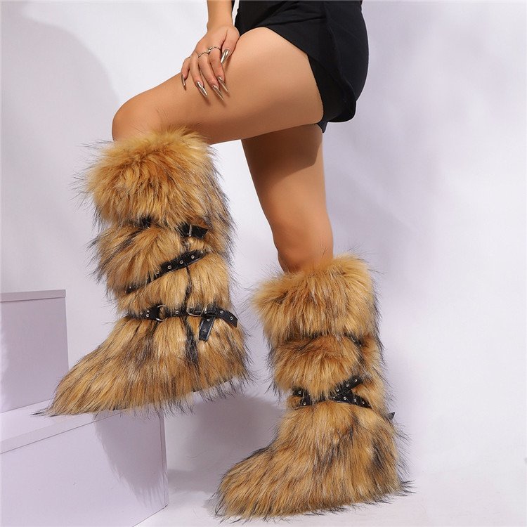 Faux Fur Boots Rivet Cross Belt Buckle Knee High Boots Winter Plush Warm Women's Casual Shoes Snow Boots