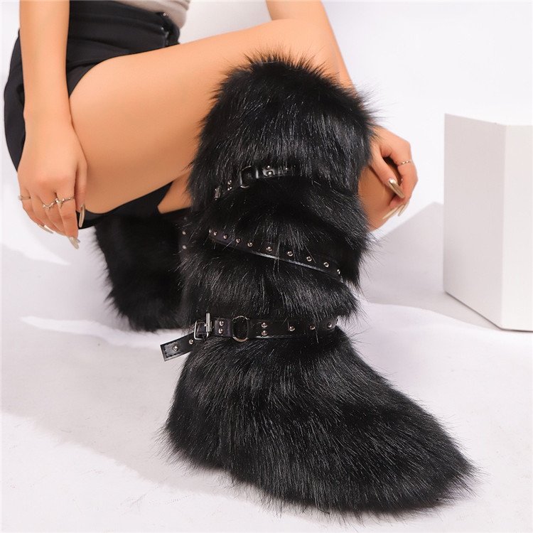 Faux Fur Boots Rivet Cross Belt Buckle Knee High Boots Winter Plush Warm Women's Casual Shoes Snow Boots