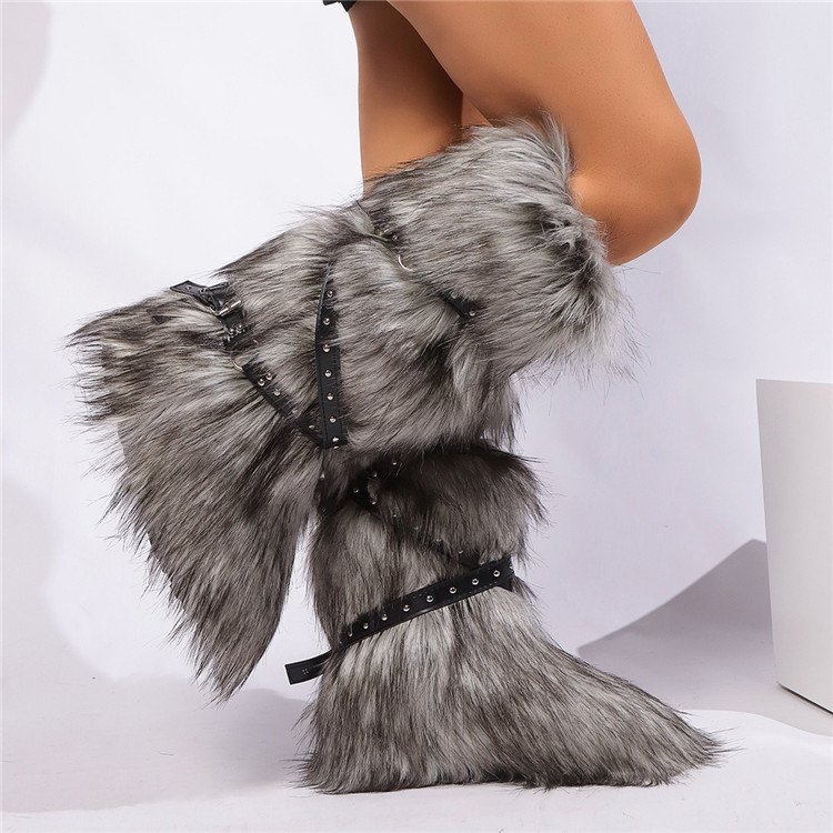 Faux Fur Boots Rivet Cross Belt Buckle Knee High Boots Winter Plush Warm Women's Casual Shoes Snow Boots